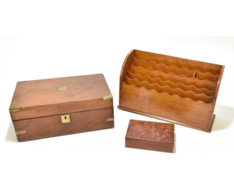 A 19th century mahogany and brass bound writing slope with single glass inkwell, an oak letter rack and a further small box w
