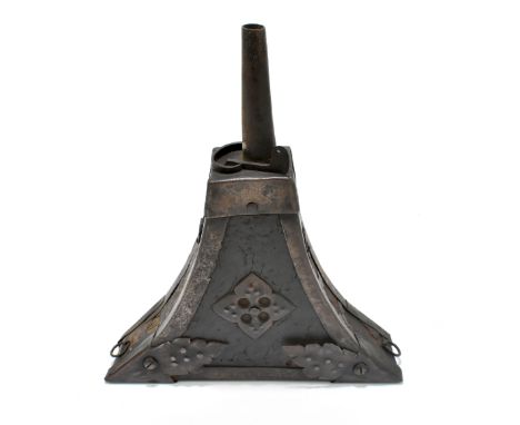 An unusual 19th century steel and leather bound powder flask with applied detail to the front, 23.5 x 20.5cm.Provenance: The 