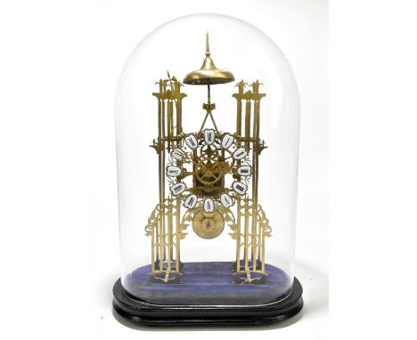 A brass fusée eight day mantel clock with glass dome enclosing a pierced brass architectural clock with single fusée movement