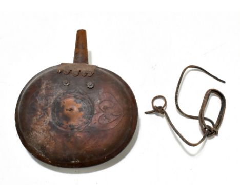 A large 19th century stitched leather powder flask with stylised decoration, width 18.5cm.Provenance: The Captain Allan Marsh