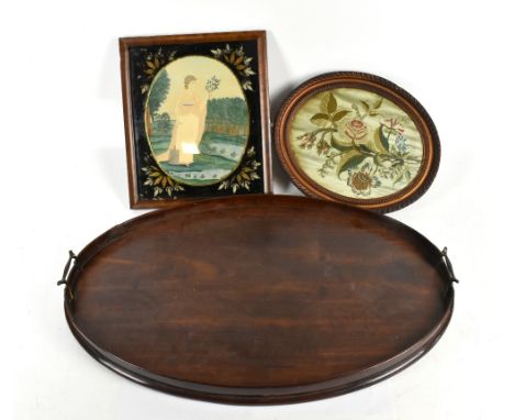 A Victorian mahogany twin handled butler's tray with gallery border, length 71cm, together with two 19th century tapestry pan