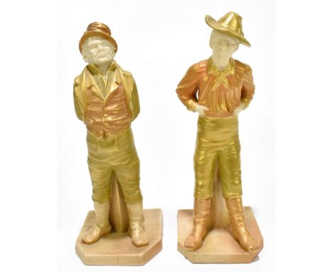 ROYAL WORCESTER; two figures emblematic of countries decorated in shot enamels and modelled by James Hadley, comprising Irela
