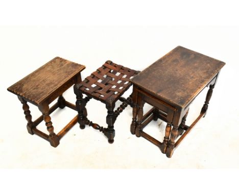 A 17th century style carved oak joint stool, on turned legs, height 46cm, width 45.5cm, depth 27cm, with a stained oak stool 