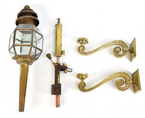 A brass lamp with etched decoration to four of the glass panels, length 63cm, a pair of scrolled light fittings/brackets and 