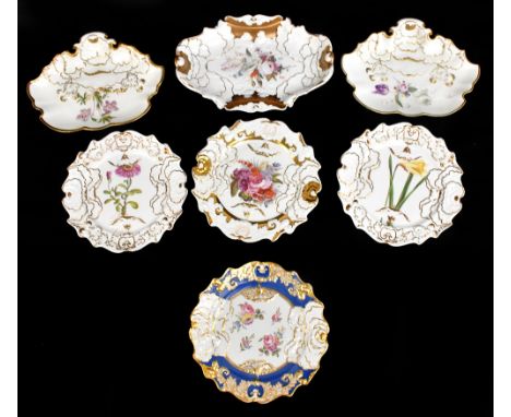 Six 19th century ironstone moulded dessert dishes comprising an example painted with floral sprigs against a gilt deep blue g