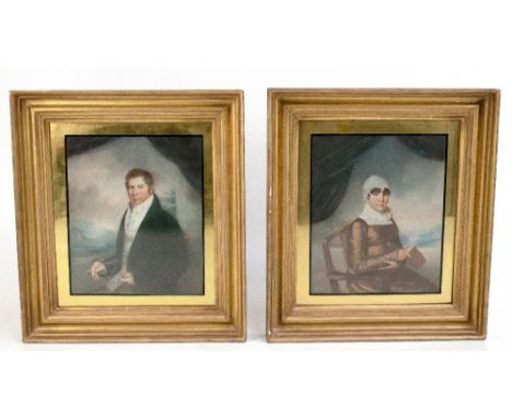 ENGLISH SCHOOL EARLY 19TH CENTURY; pair of pastels, portrait of a husband and wife, in verre eglomise mounts and gilt wood an