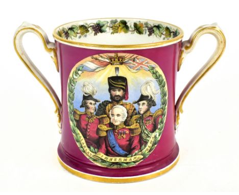 F&amp;R PRATT WARE; a transfer printed loving cup, decorated in the The Redoubt Inkerman pattern, height 16cm, width 23cm.&nb