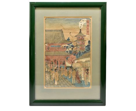 A Japanese woodblock print, depicting figures beside pagoda, bears signature, 32 x 22cm, framed and glazed.&nbsp;