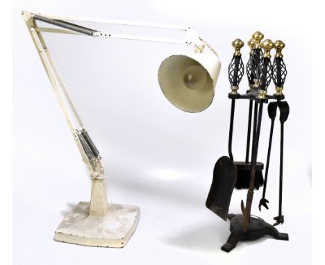 A white painted Anglepoise lamp, together with a modern four piece companion set with brass tips, height 60cm.