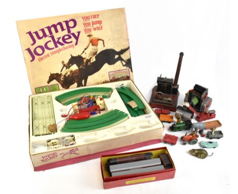 A mixed group of toys and models including a boxed Jump Jockey game (part complete), a German stationary engine, a Mamod Stea