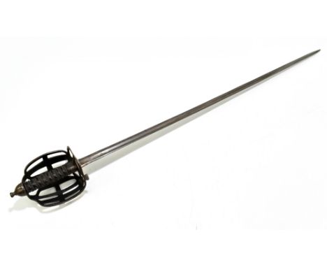 A circa 18th century Scottish basket hilt broadsword, the double fullered blade with stamped mark 'L' within circle, with wir