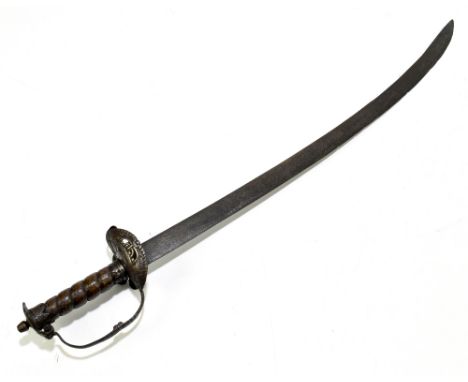 An 18th century German (probably) hunting hanger, the curved blade length 68cm, the shaped guard with pierced crown motif to 