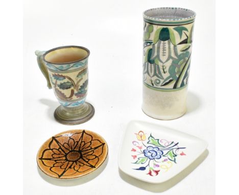POOLE POTTERY; an Art Deco cylindrical vase, in the GVY patter, height 21.5cm, similar floral dish, aegean pattern dish, and 