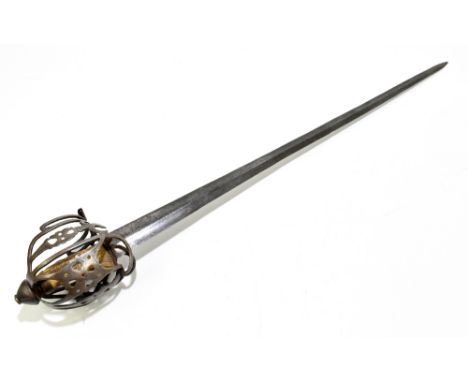 A circa 18th century Scottish basket hilt broadsword, blade length 82cm, with horn grip (lacking scabbard).  Provenance: The 