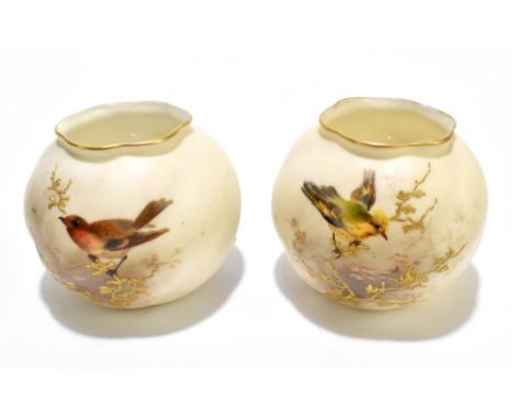 GRAINGER'S WORCESTER; a pair of globular vases painted with birds sitting upon gilt branches, shape number G161, height 6.5cm