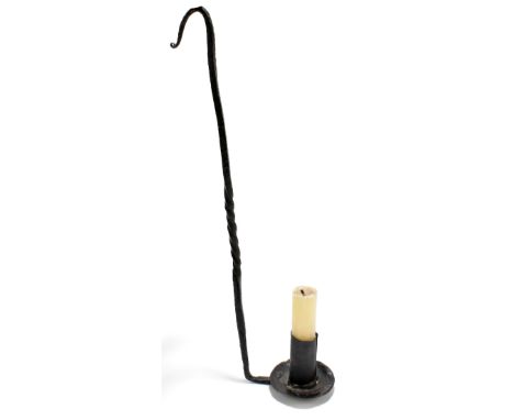 A circa 1800 wrought iron loom light or weaver's candle/rushlight holder with part twist work stem, possibly Irish, length 32
