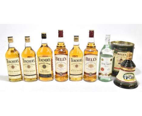 WHISKY; seven bottles comprising 1 litre and three 70cl Teacher’s Highland Cream blended Scotch whisky, two Bell’s blended Sc