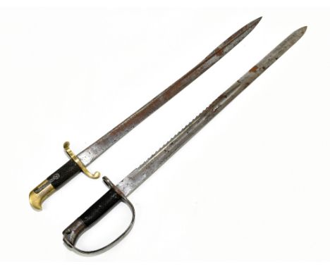 A 19th century pipe back sword with swollen tip, the blade base with stamped military issue War Department and further marks 