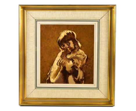 JOHN MCCOMBS (born 1943); oil on board, portrait of a child, signed and dated '75, 28.5 x 25cm, framed and glazed. (D)Additio