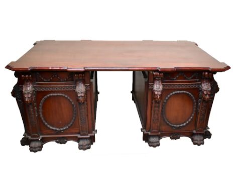 A reproduction George III style mahogany partners' desk, similar to a design by&nbsp;Thomas Chippendale for Nostell Priory, o