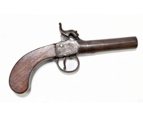 A 19th century percussion cap pocket pistol with 3" screw-off barrel, simple foliate engraving and walnut stock, overall leng