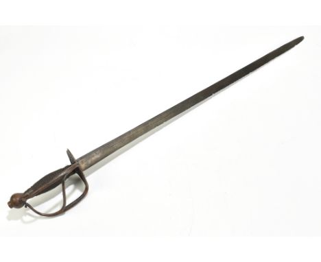 An 18th century or earlier sword with unmarked blade, blade length 83cm, to pierced guard, wirework grip and rounded pommel (