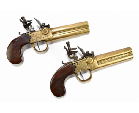 An unusual pair of 19th century flintlock over/under double barrel pocket pistols of all brass construction, with 3.5" cylind