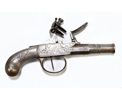 A 19th century all steel flintlock muff pistol, the frame indistinctly signed to one side and stamped 'London' verso within s