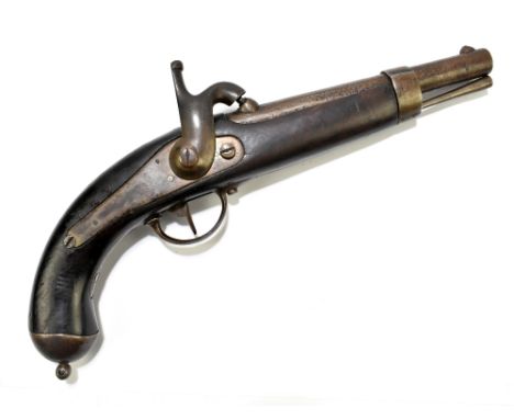 A 19th century French naval percussion cap pistol with 7" barrel and mounted on a dark stained stock and mounted with steel f