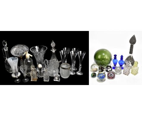 A collection of assorted glassware including a cut glass mushroom lamp of small proportions, decanters, witches' ball, assort