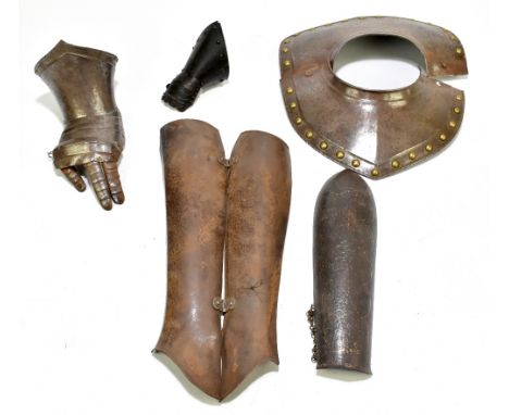 A group of steel armour sections comprising a collar with brass studs, a hinged vambrace, an articulated gauntlet, length app