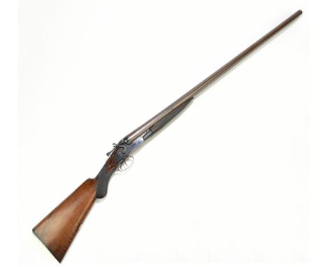 A large 8 bore side-by-side double trigger hammer gun, the 36" Damascus barrels with 3.25" chambers and mounted with a textur