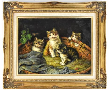 R FLINT; oil on board, four kittens with three in a basket, signed lower right, 29.4 x 39.3cm, in moulded gilt frame.Addition