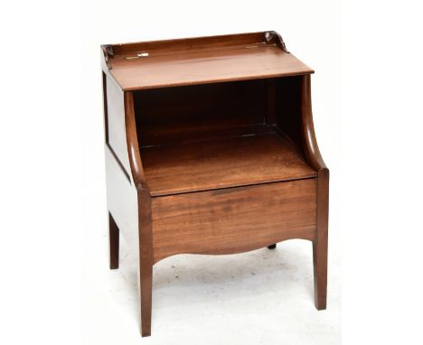 A George III mahogany two tier commode with hinged top and undertier on square tapered legs, converted to a box base, height 