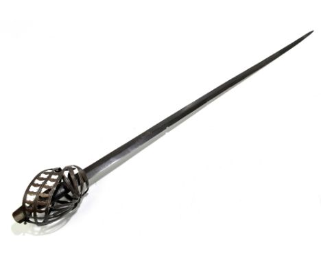A circa 1700 Venetian schiavona sword, the blade with partially inlaid engraved motif, blade length 96cm, to distinctive pier
