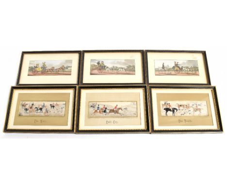 Three Stevengraphs, worked with hunting scenes, ‘Full Cry’, ‘The Meet’ and ‘The Death’, each framed with three coaching print