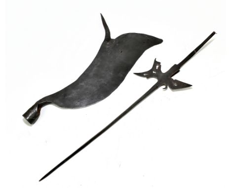 A circa 17th century bill hook, length 64cm, and a halberd axe blade and spike with pierced detail (2).Provenance: The Captai