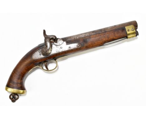 A 19th century East India Co percussion cap pistol with integral hinged ramrod and lanyard fitting to the brass pommel, furth