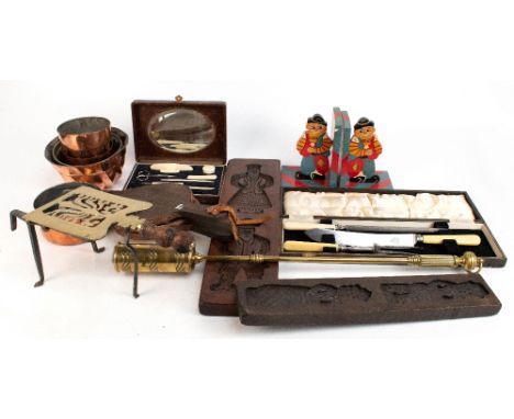 A mixed lot of assorted collectors' items to include two French copper moulds, together with two later examples, a brass teap