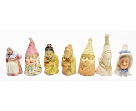 ROYAL WORCESTER; six candle snuffers comprising Mr &amp; Mrs Caudle, a blush version of Mr Caudle, two modelled as a kneeling
