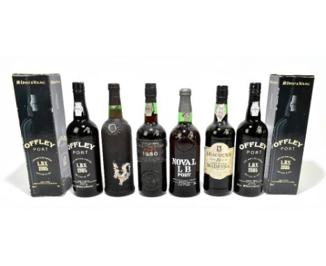 PORT; five bottles&nbsp;comprising two cased bottles of Offley L.B.V 1985, Cockburns Late Bottled Vintage 1980, Noval LB, and
