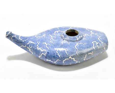 A 19th century Staffordshire blue and white printed pap boat with raised spout and decorated throughout with a wave pattern, 