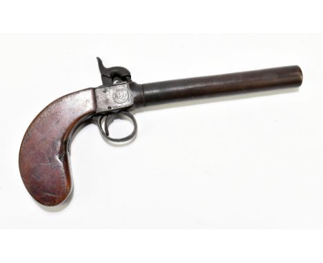 A 19th century percussion cap large bore pocket pistol with 6" screw-off barrel, simple foliate engraving and smooth walnut g