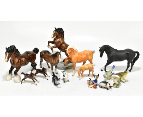 BESWICK; eight assorted horse figures to include rearing example, model no. 1014, together with Beswick models of greenfinch 