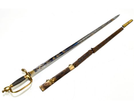 A 19th century Continental court-type sword, the partly blued fullered blade with engraved gilt detail including laurel wreat