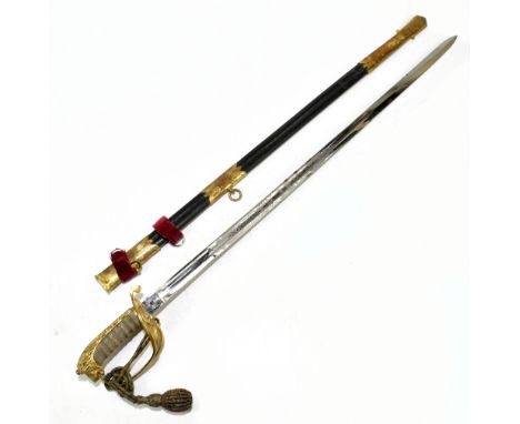 WALTON OUTFITTER GOSPORT; a Royal Naval Officers dress sword, the fullered blade with etched decoration and signature to base