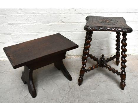 An early 20th century carved oak stool with shaped square top and barleytwist legs and turned feet, height 46.5cm, width 34.5