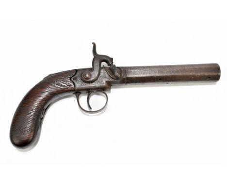 A 19th century large bore percussion cap pocket pistol with 5" octagonal screw-off barrel, with foliate engraving to the lock