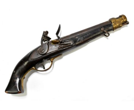 A 19th century flintlock pistol with 9" barrel, mounted on a dark stained stock and mounted with brass furniture and steel ra