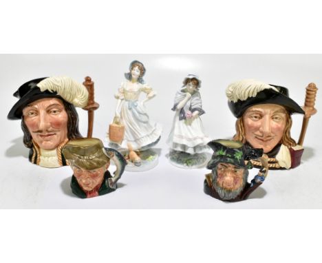 ROYAL DOULTON; four assorted character jugs to include Aramis and Athos, together with two Royal Worcester figures to include